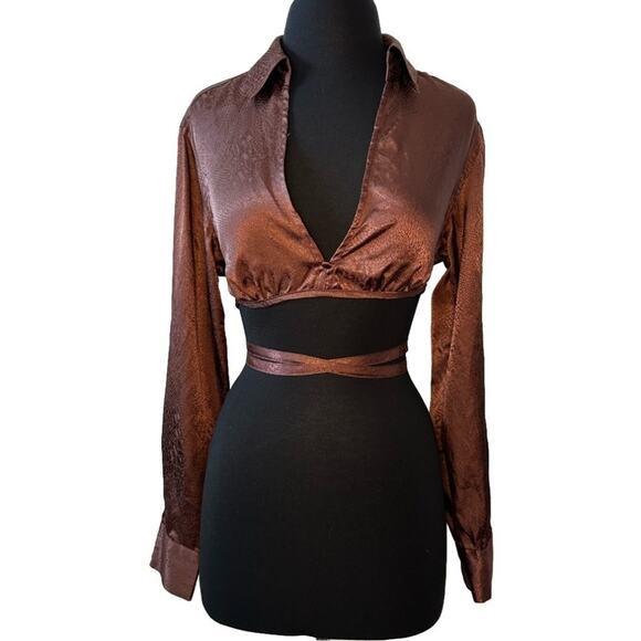 Urban Outfitters Hooked-Up Satin Cropped Top Adjustable Tie Waist Brown Size M - Picture 1 of 12